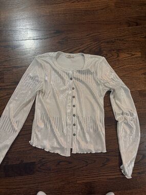 Pilcro Iridescent Cream Ribbed Button-Down Top